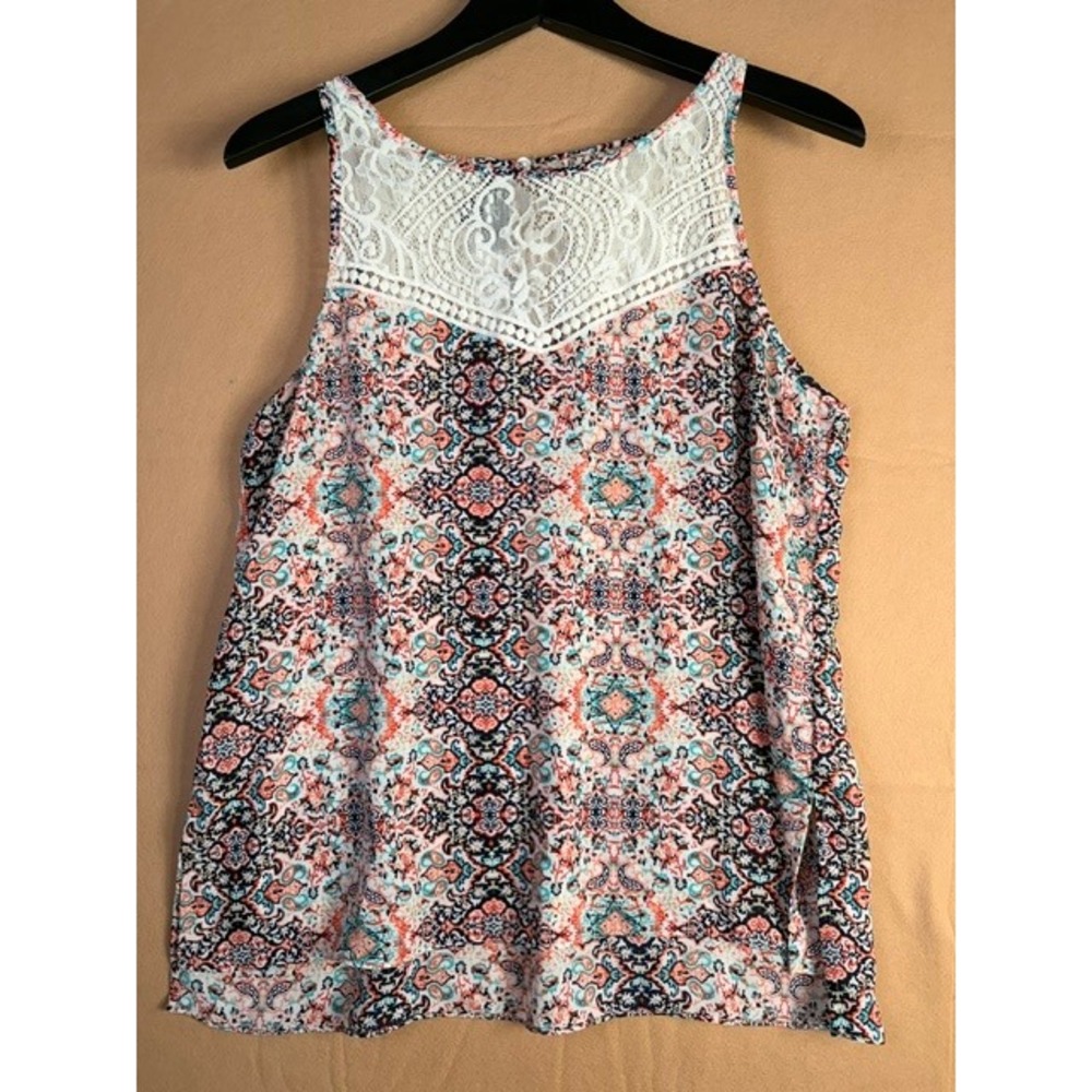 IZ Byer Women's XL Boho Paisley Lace Yoke Sleeveless Tank Top